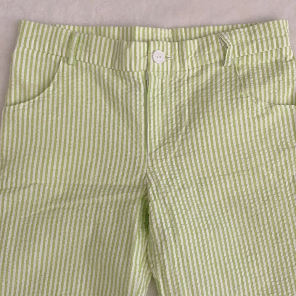 {VTG} Rags Land | 90s Seersucker Stripe Cotton Shorts Made in USA Green/White 7 - Picture 2 of 12